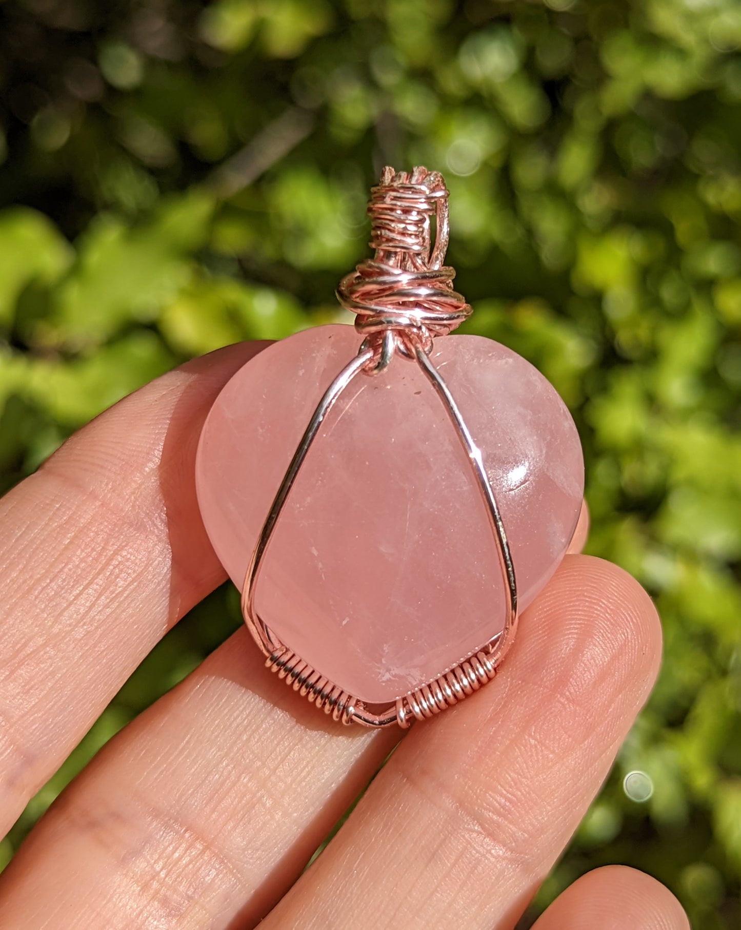 Rose Gold Wire Wrap Rose Quartz Heart Pendant (Brazilian - High Quality)