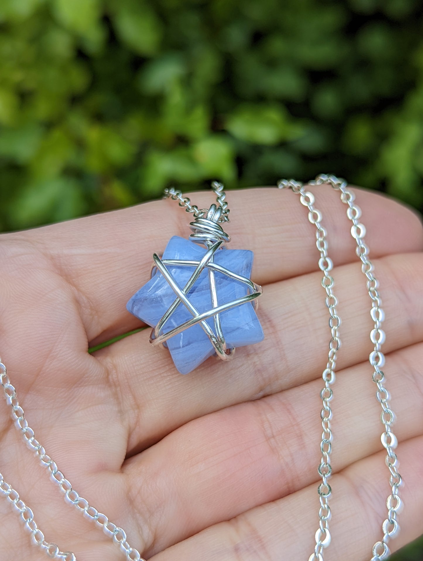 Blue Lace Agate Silver Wire Wrap Star Pendant with Silver Cable Chain