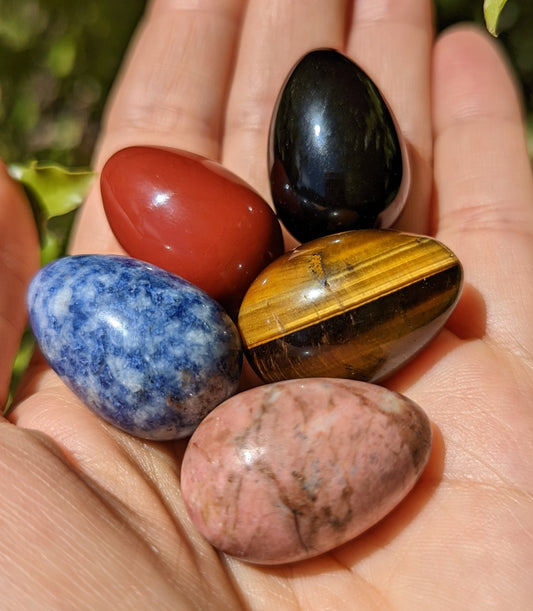 Crystal Mini Eggs - Black Obsidian, Sodalite, Red Jasper, Tigers Eye & Pink Rhodnite
