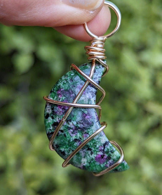 Ruby Zoisite Moon Gold Wire Wrap Pendant