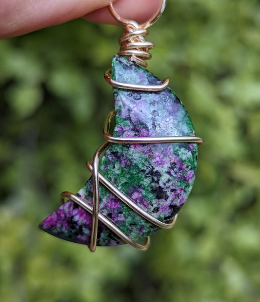 Ruby Zoisite Moon Gold Wire Wrap Pendant