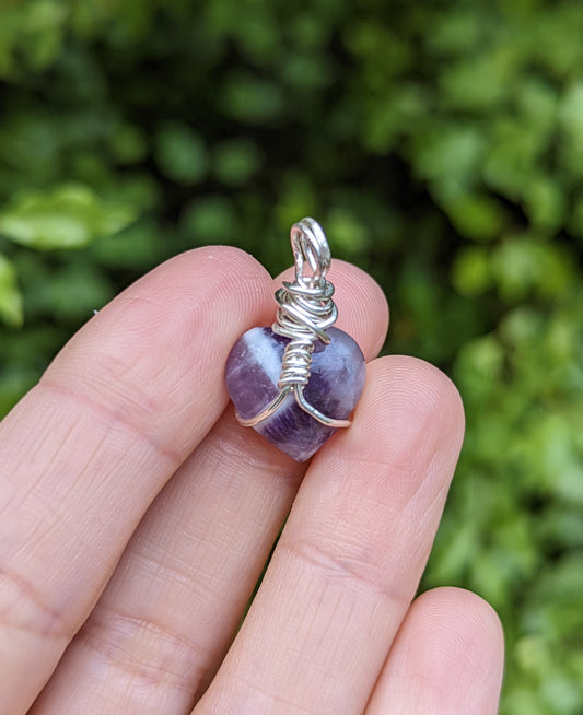 Dream Amethyst Heart Silver Wire Wrap Pendant