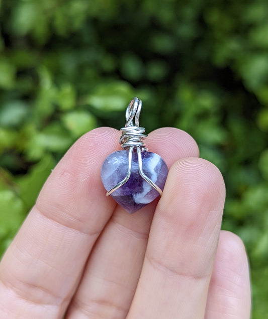 Dream Amethyst Heart Silver Wire Wrap Pendant