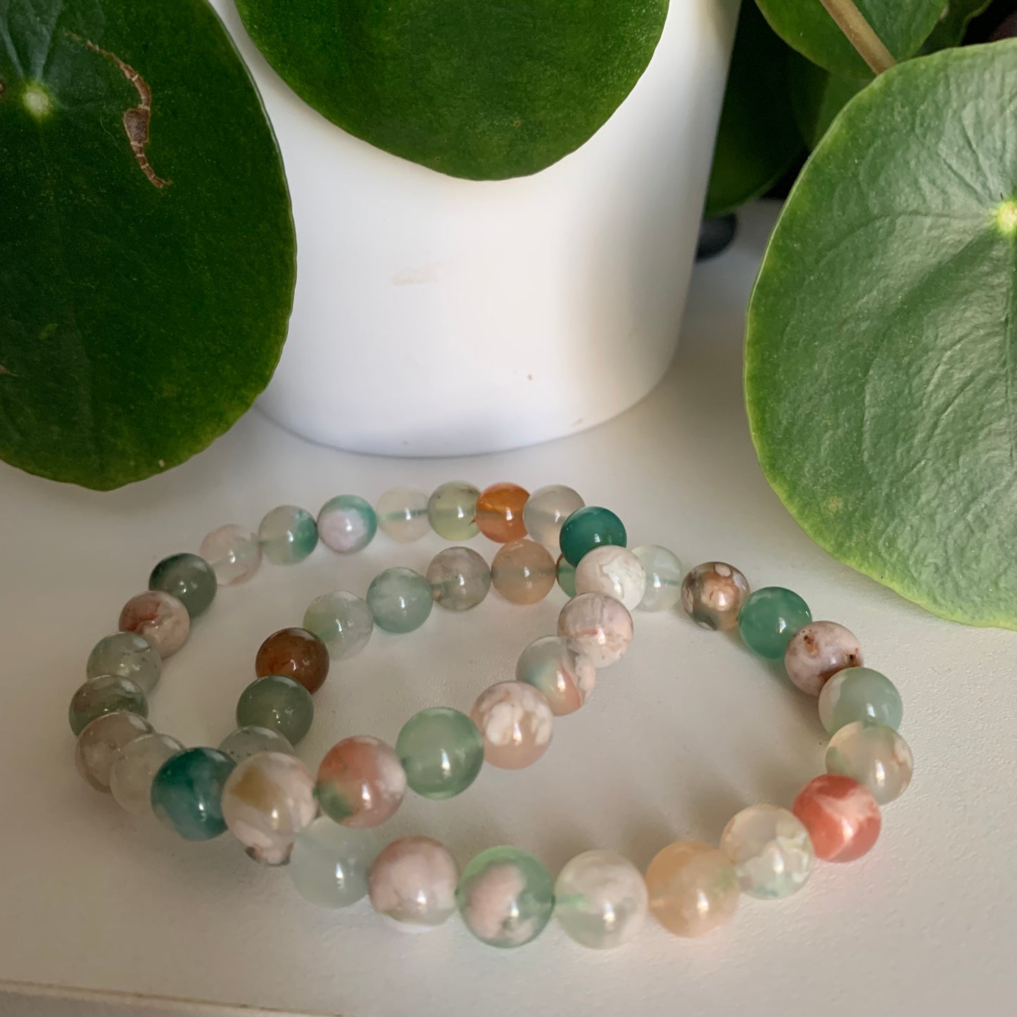 Green Flower Agate Bead Bracelets 8mm Medium