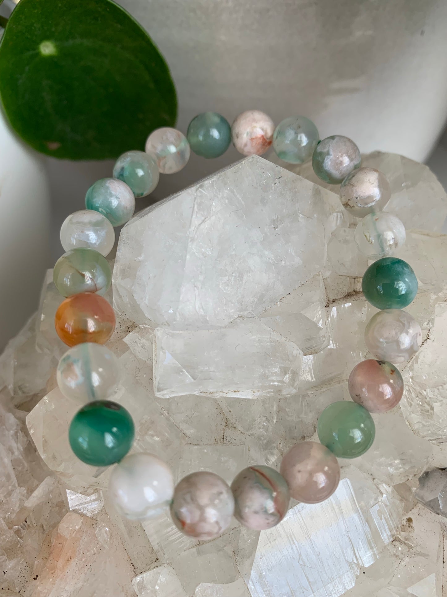 Green Flower Agate Bead Bracelets 8mm Medium